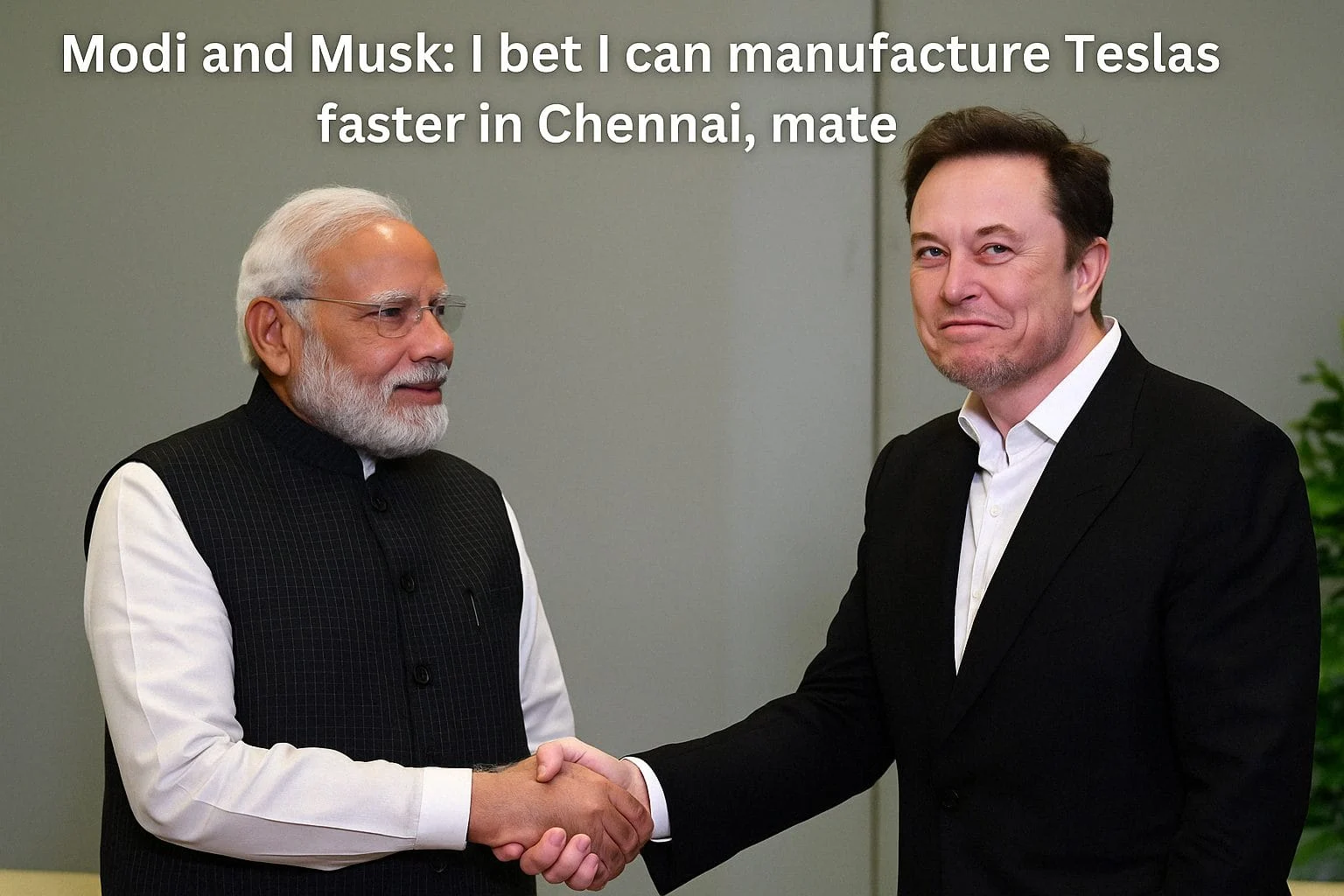 AI Generated- Musk and Modi handshake. Musk wants to manufacture tesla in India